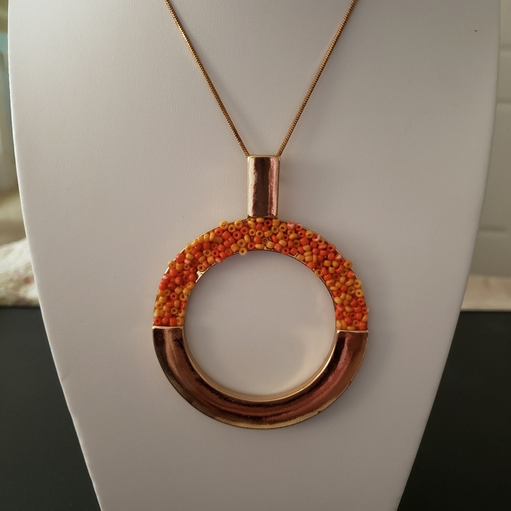 Vintage Long Necklace with Orange  Seed Bead and Gold Tone Pendent